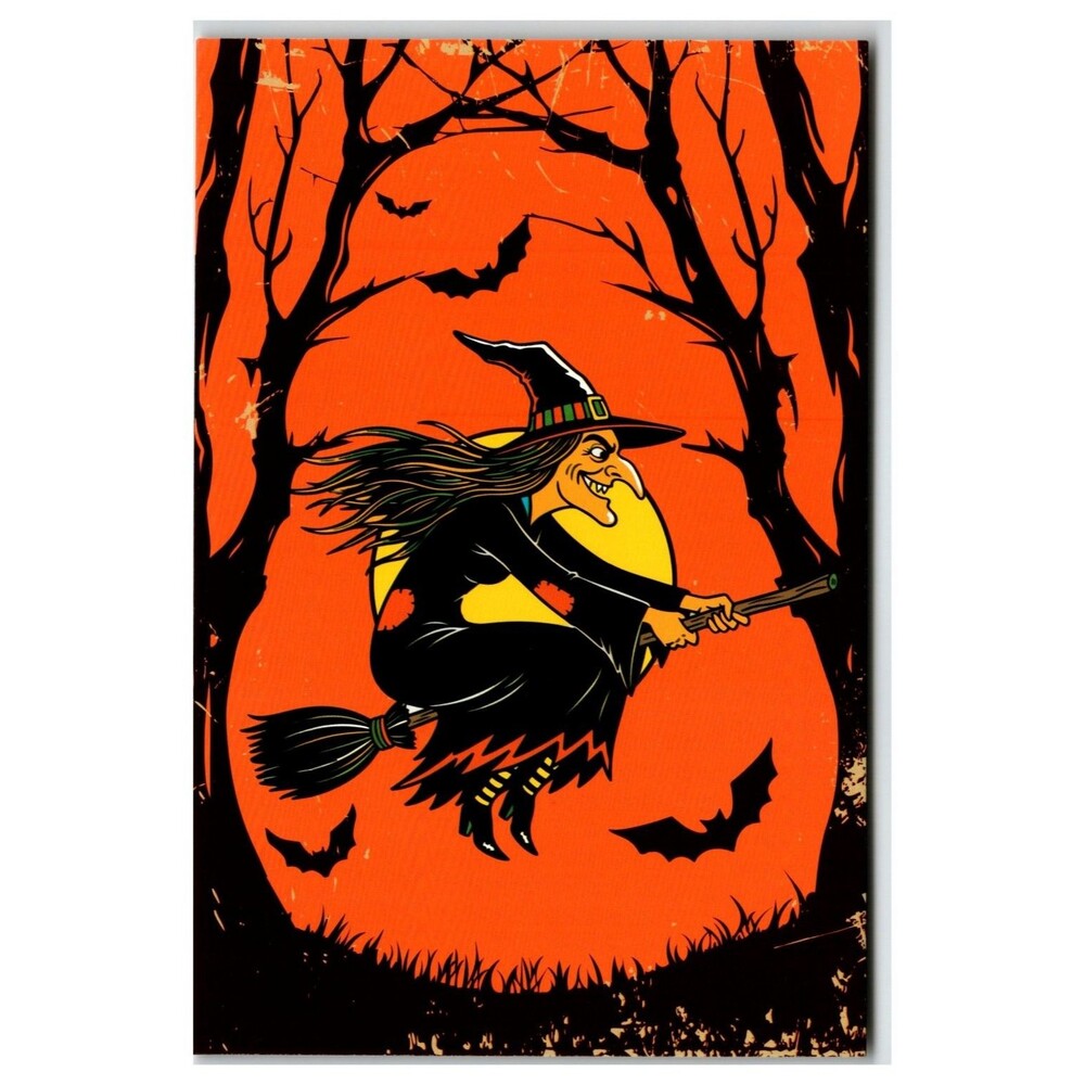 Vintage Style Halloween Witch Flying Broom Full Moon Postcard